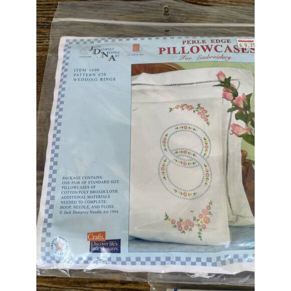 Vintage lot 3 Jack Dempsey Wedding Ring Stamped Embroidery Pillow cases NOS - Picture 4 of 11
